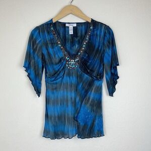 Style & Co Babydoll Blouse Y2k 90s Embellished Rhinestone Fairy Blue Petite M
